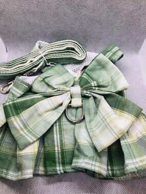 Green Plaid pet Harness Dress with Leash